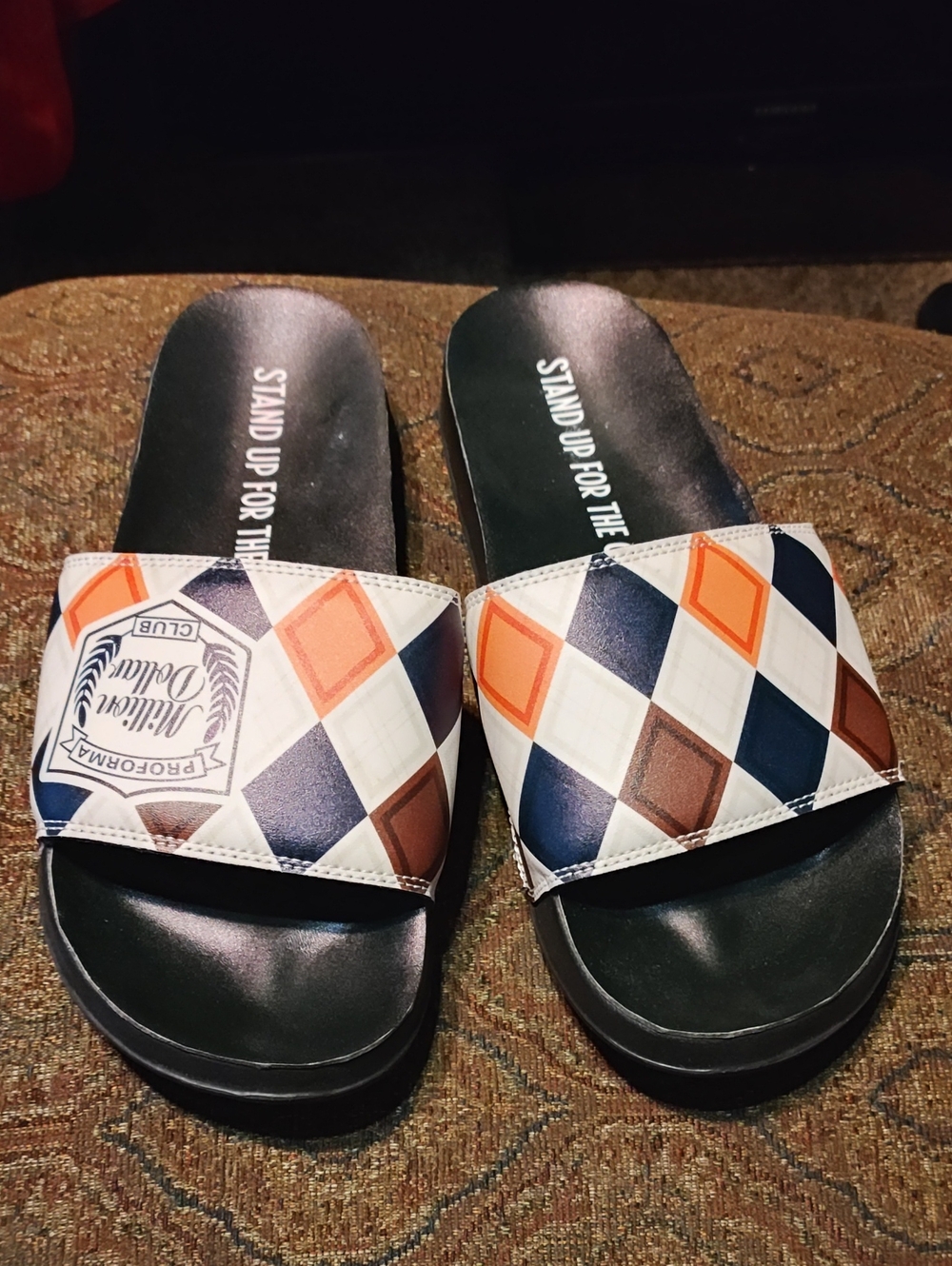 Champion Men's Argyle Pattern Slide Sandals in Navy, Brown, Orange, White